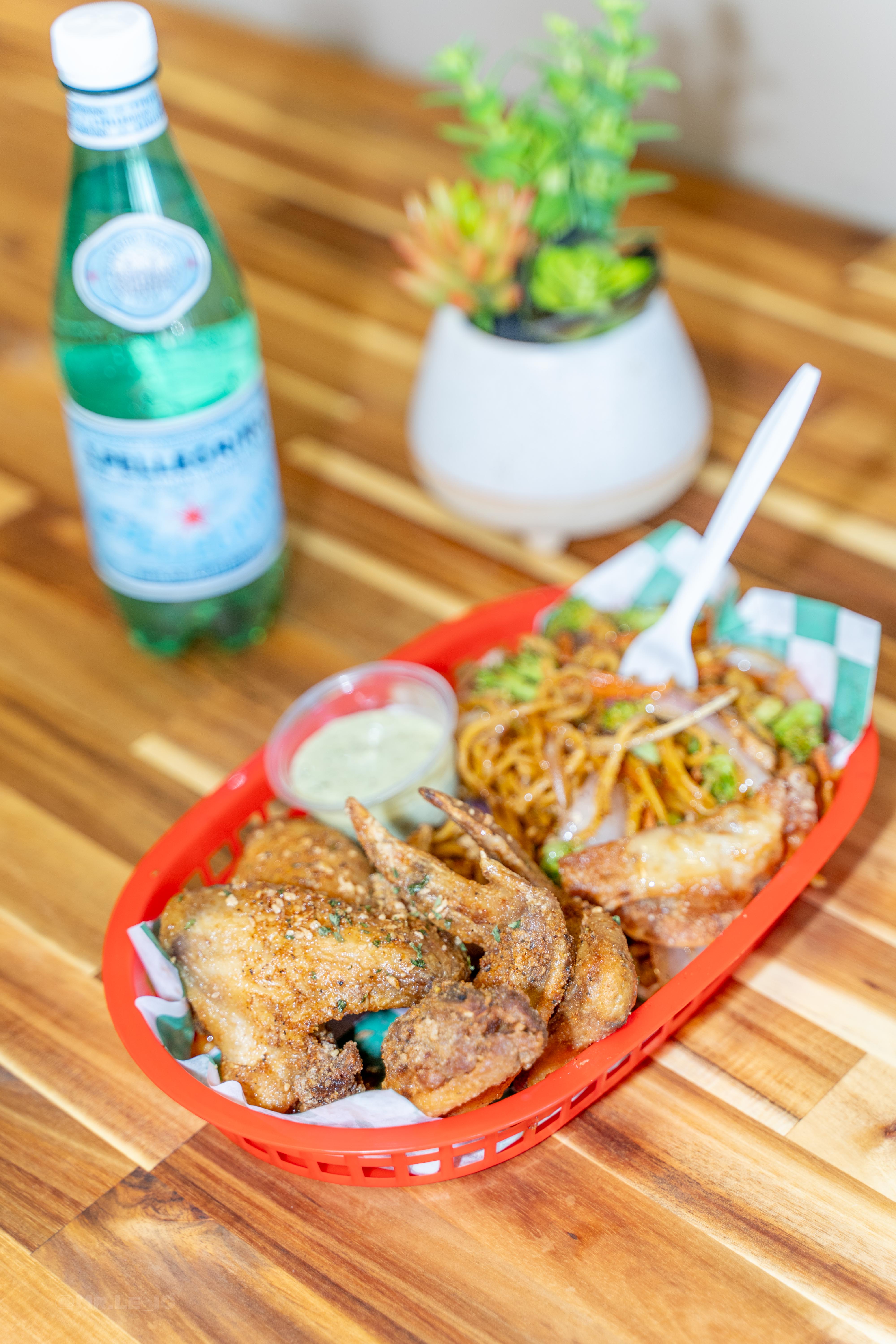 4 piece wing special with noodles, alternate view